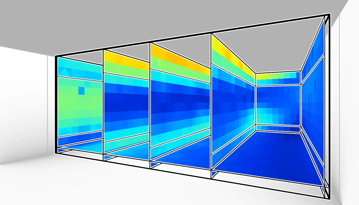 Thermal zone model (56 m × 110 m × 24 m) with vertical air-nodes and thermal tree zones at Bordeauxplatz