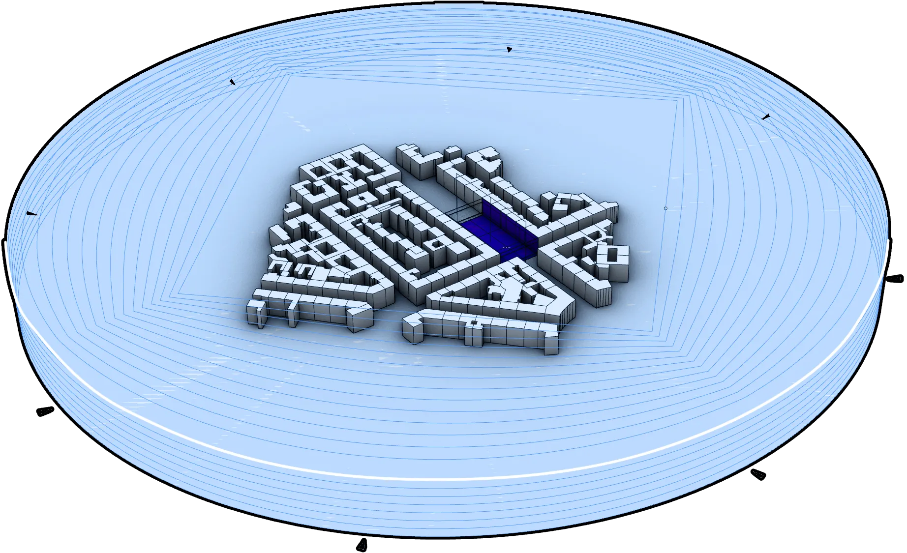 Cylindrical CFD wind tunnel domain with eight wind directions for Bordeauxplatz urban study