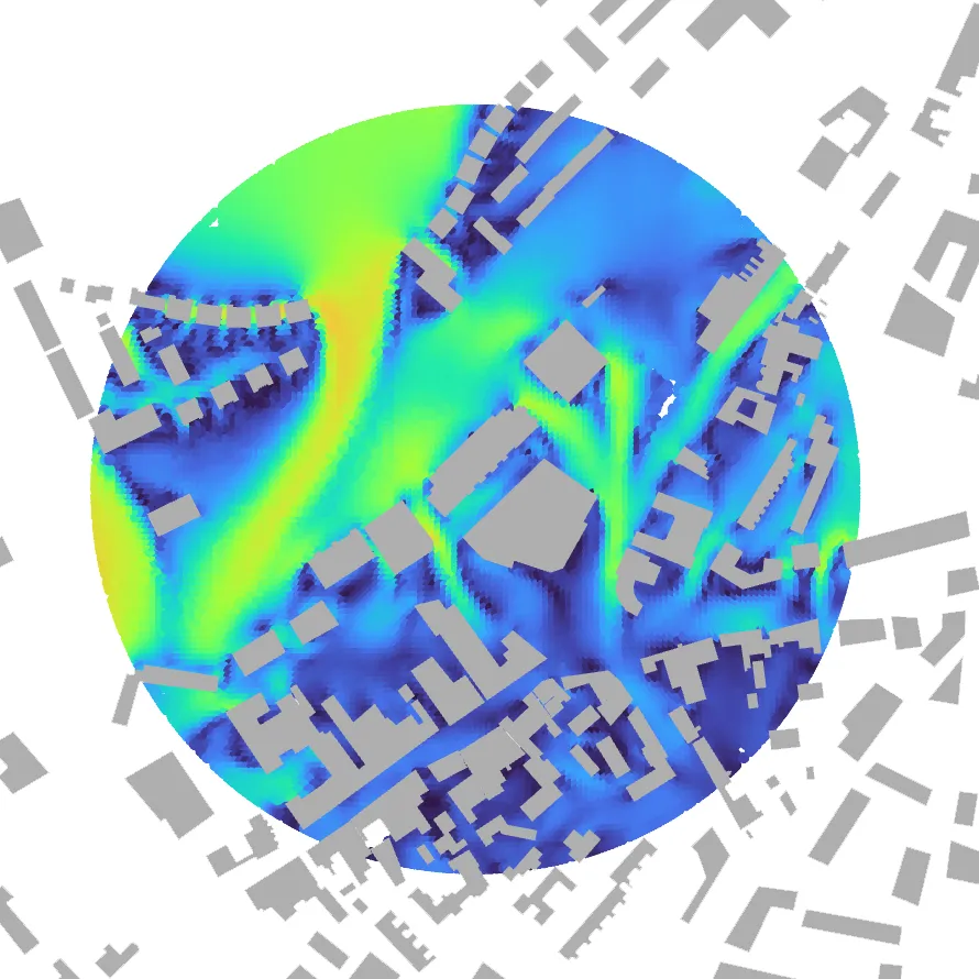 Wind acceleration factor map for easterly wind direction — City of London pedestrian comfort CFD results