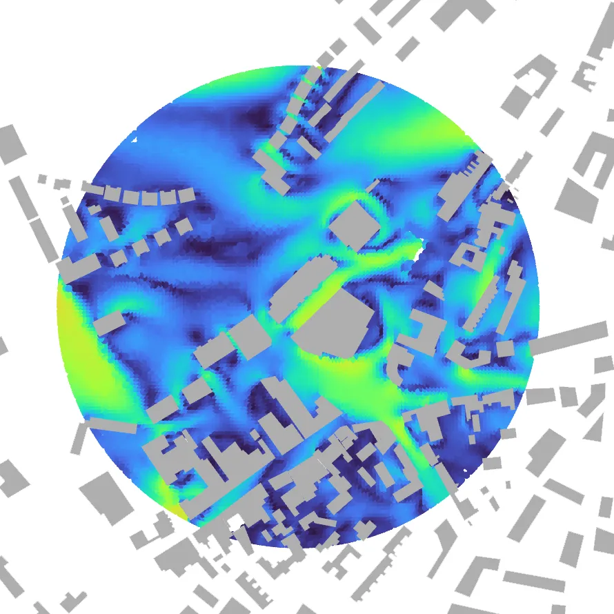 Wind acceleration factor map for northerly wind direction — City of London pedestrian comfort CFD results