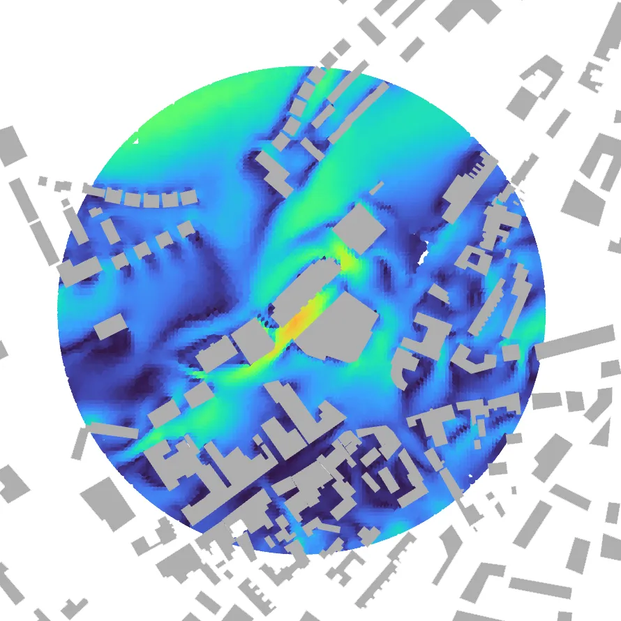 Wind acceleration factor map for southerly wind direction — City of London pedestrian comfort CFD results