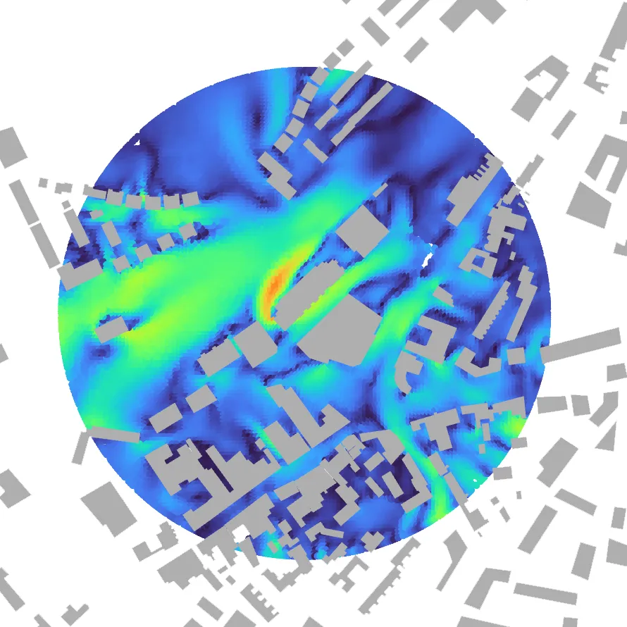 Wind acceleration factor map for westerly wind direction — City of London pedestrian comfort CFD results