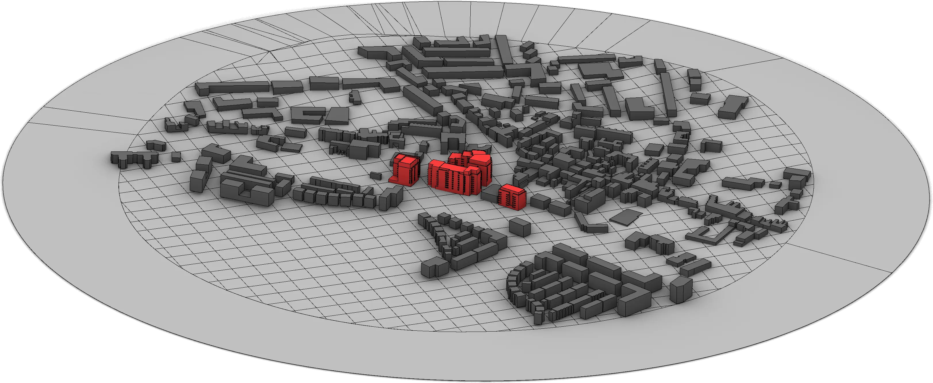 Cylindrical CFD wind tunnel domain with 36 wind directions modelled in Rhino 3D and ANSYS SpaceClaim